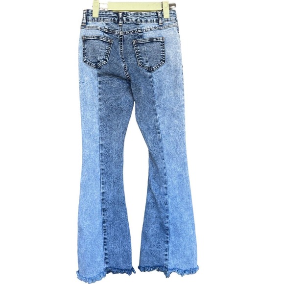 Bamboo Jeans Junior Size 3 Blue Patchwork Flare Raw Hem Front Seam Y2K Boho - Picture 2 of 10